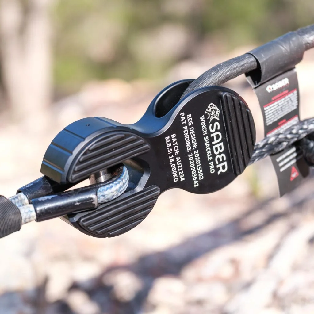 Saber AWS Pro engraved with 'Winch Shackle Pro' branding and its 18,000kg minimum breaking strength rating