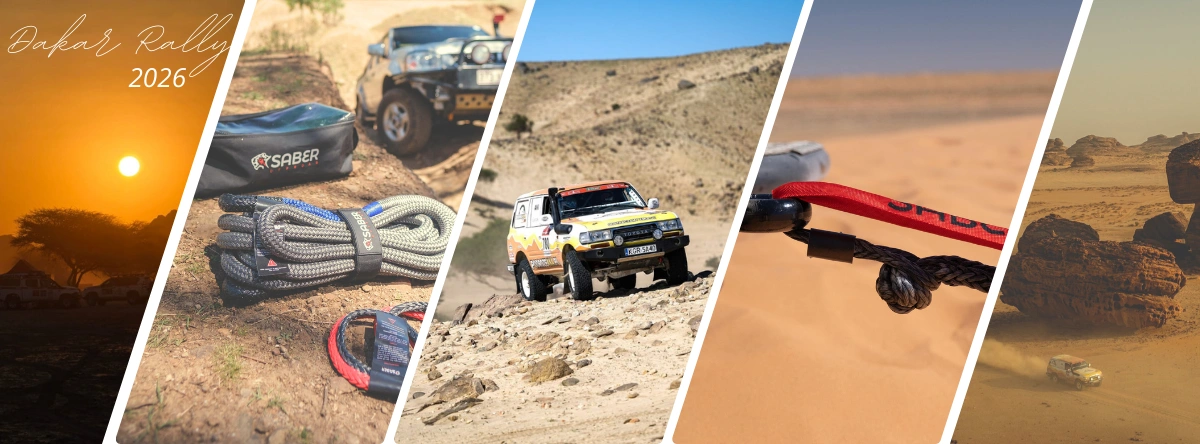 Podróże 4x4 Rally Team Toyota Land Cruiser 80 equipped with Saber Offroad recovery gear competing in the Dakar Classic 2026 rally through the Saudi Arabian desert